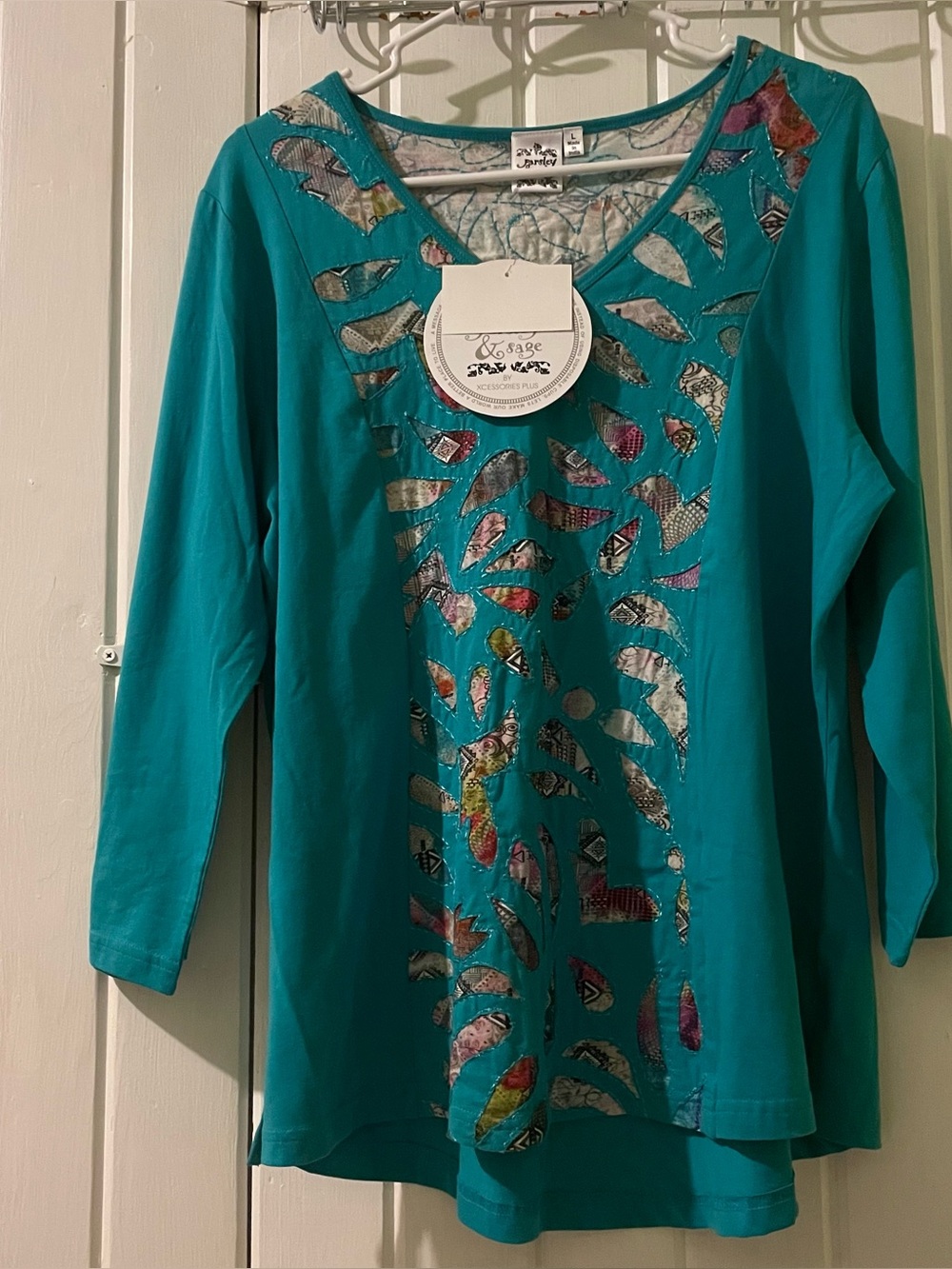 Parsley & Sage Teal Patchwork Knit Tunic Top
NWT Boho Artsy Lagenlook-large